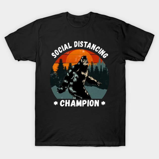 Social Distancing Champion - Bigfoot Retro Vintage Sunset Mountains T-Shirt by PorcupineTees